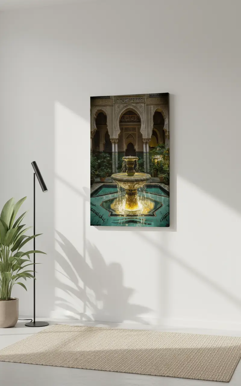 Tableau de Fontaine dans un Riad Marocain – Art Mural Traditionnel et Élégant