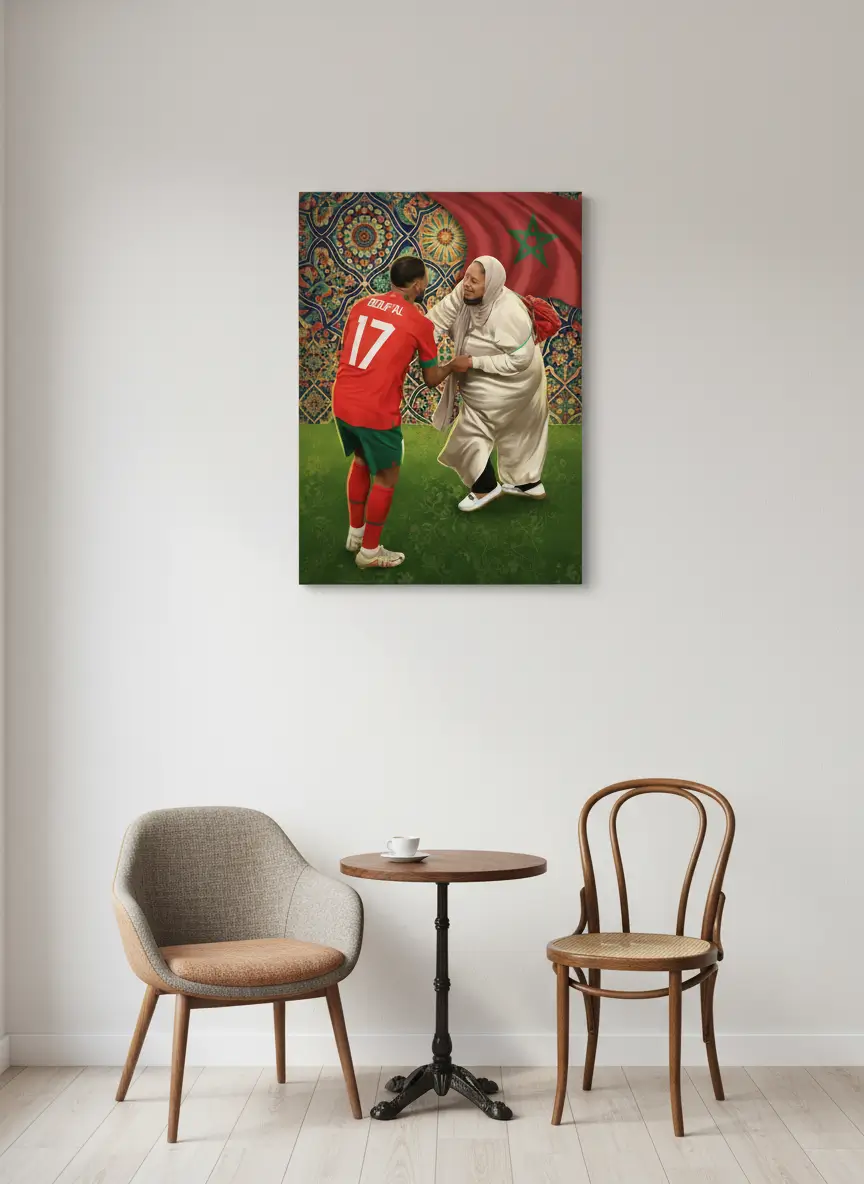 Tableau de Boufal et sa Mère – Art Mural Marocain Plein d’Émotion et de Fierté